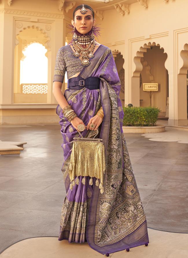 Silk Purple Wedding Wear Embroidery Work Saree